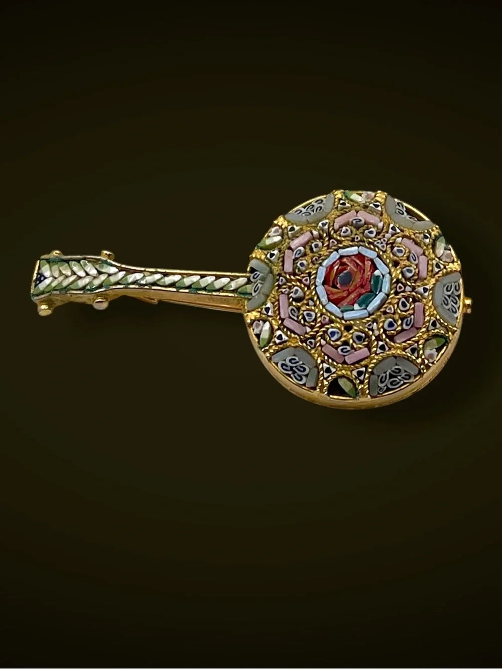 Vintage Italian Micro Mosaic Banjo Mandolin Brooch Pin Floral Glass Tesserae